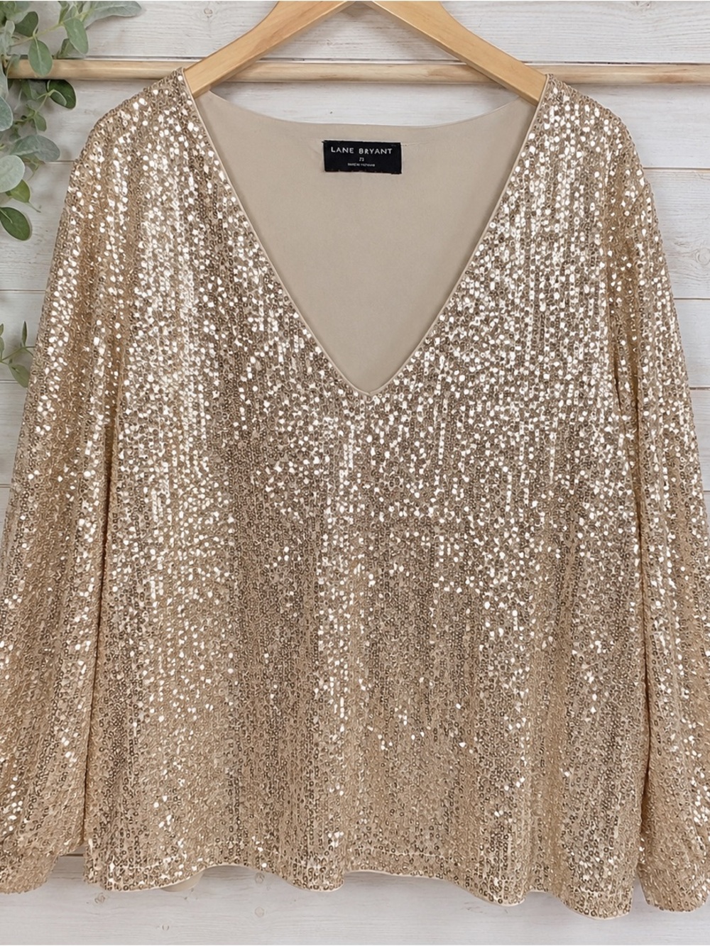Lane Bryant Size 22 Champagne Sequin V-Neck Long Sleeve Party Top